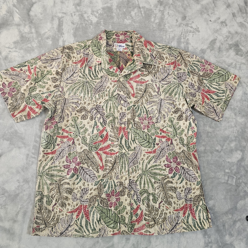 REYN‎ SPOONER CAMP SHIRT -XL BROWN RED GREEN PALM FLORAL CAMO HAWAIIAN ALOHA